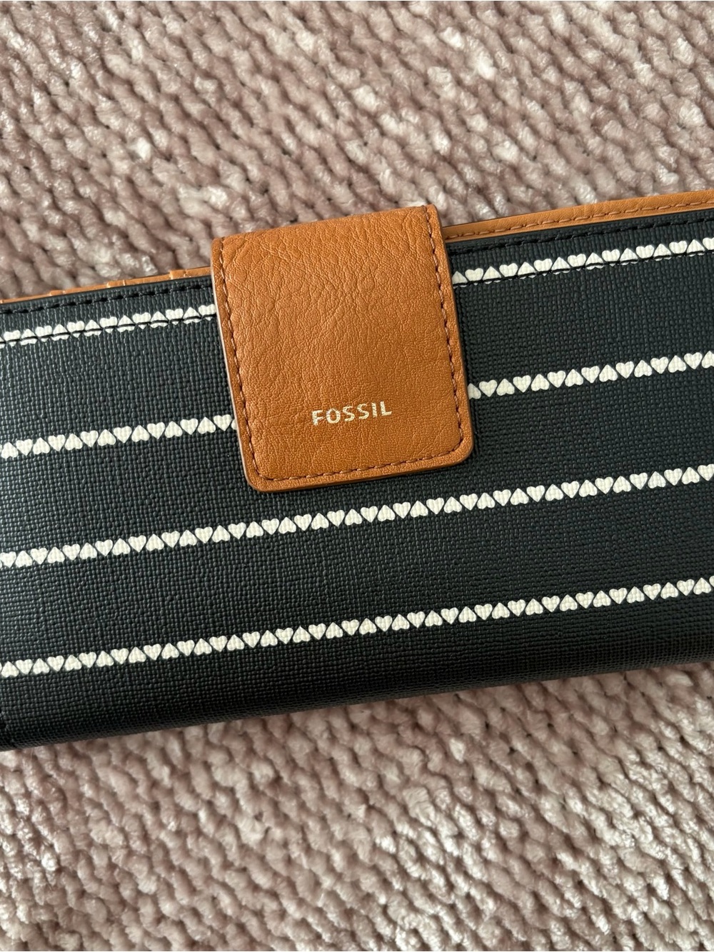 Fossil Black Wallet with Tan Leather Tab and White Stripe Detail